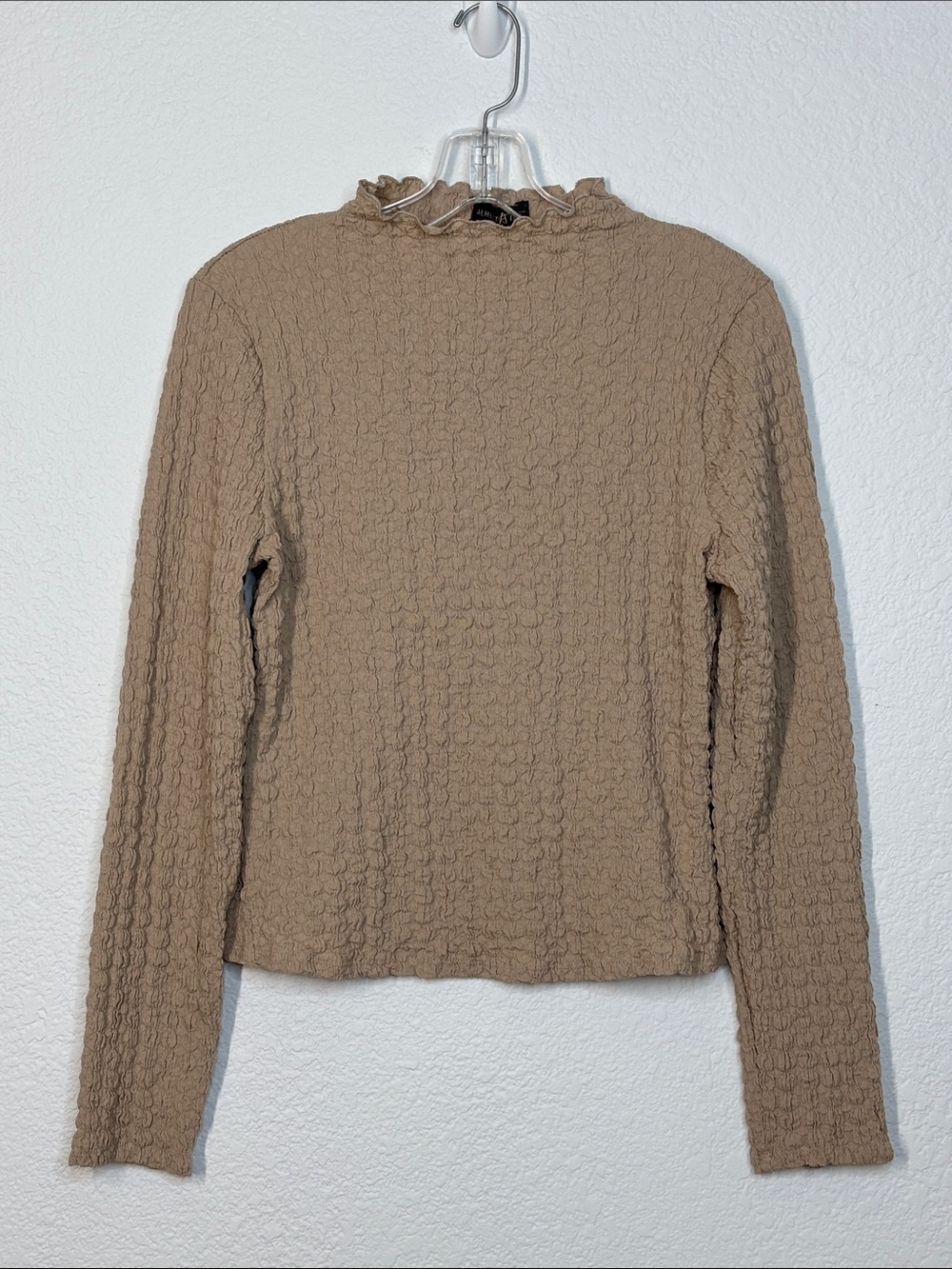 Almost Famous Textured Ruffle Mock Neck Long Sleeve Top - Tan